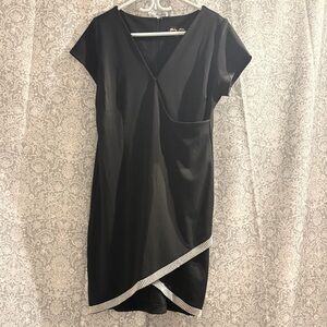 Chic Asymmetrical Black Dress with Silver Trim